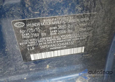 2016 Hyundai Elantra Se from USA, damaged, VIN 5NPDH4AE0GH684332